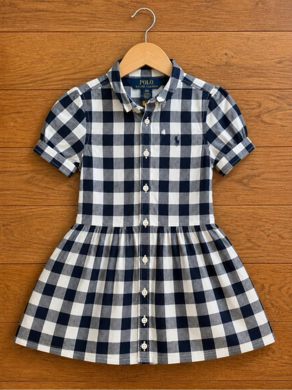 Polo Ralph Lauren Girls 3T Navy White Buffalo Plaid Check Button Shirt Dress